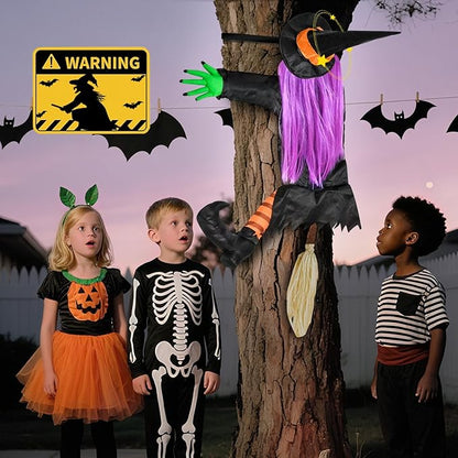 Crashing Witch into Tree Halloween Outdoor Decoration with 2 Pack 43‘’ Hanging Ghost Light Up Ghost Decorations, Halloween Decor for Yard Garden Porch
