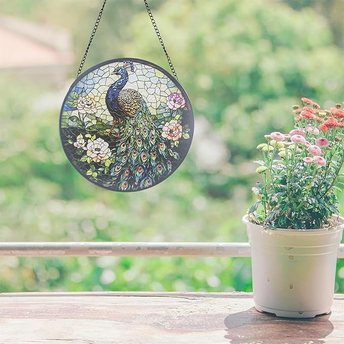 Stained Glass Sun Catcher,Peacock Glass Window Hanging Garden Decor,Sun Catchers Indoor Window,Whimsical Decoration for Home Backyard Patio Lawn Porch with 6.3 INCH