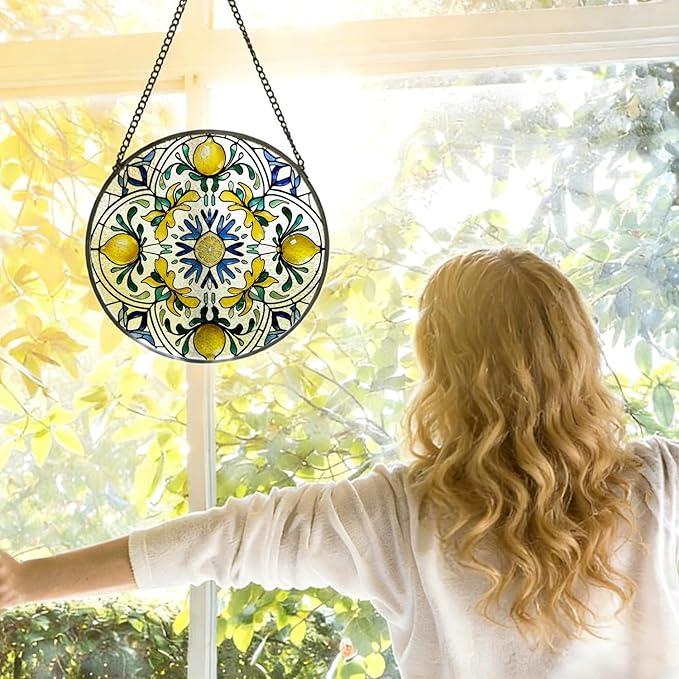 Italian Lemon Stained Glass Window Hanging, Blue and Yellow Mediterranean Lemon Suncatcher Indoor Window Glass Round Wall Art Decor, 7.9x7.9 Inch