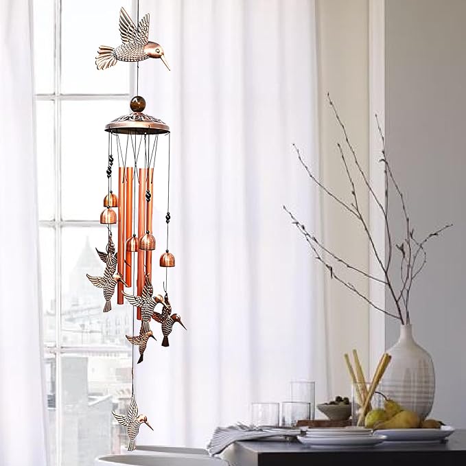Hummingbird Wind Chimes Outdoor Indoor Decor, with 4 Aluminum Tubes 6 Bells 7 Hummingbirds, Mobile Wind Catcher, Memorial Windchimes for Home, Xmas Mom Gifts, Festival, Balcony, Garden Decoration