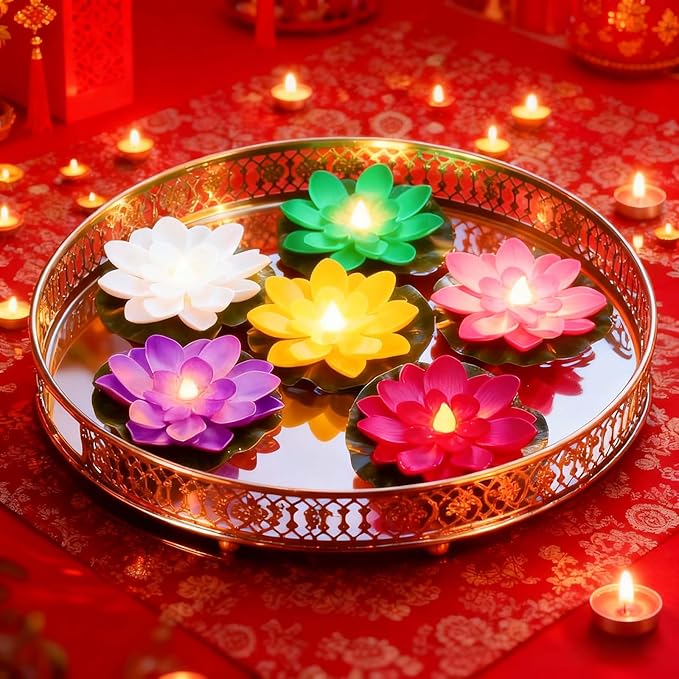 LACGO 12 PCS Floating Lotus Tea Lights - 5 Inch Floating Flowers Water Lily LED Candles for Pool, Bath, Wedding, Party Decor - Water Activated Lotus Flower Pool Lights(Mix-Color)