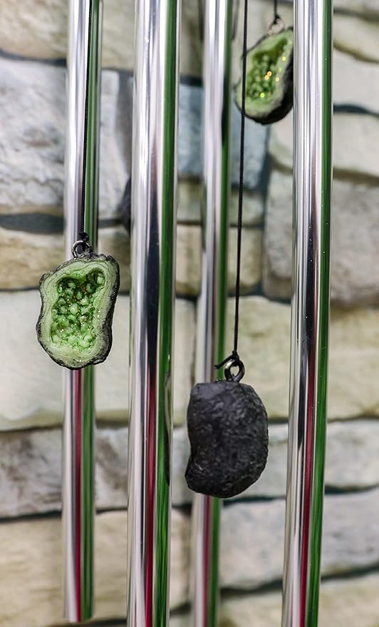 Ebros Gift Medieval Green Dragon Guarding Emerald Crystal Geode Rock Figurine Crown Top Resonant Wind Chime with Miniature Geode Rocks Ornaments for Garden Patio Home Fantasy Dungeons and Dragons