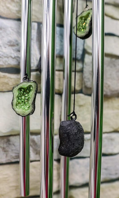 Ebros Gift Medieval Green Dragon Guarding Emerald Crystal Geode Rock Figurine Crown Top Resonant Wind Chime with Miniature Geode Rocks Ornaments for Garden Patio Home Fantasy Dungeons and Dragons