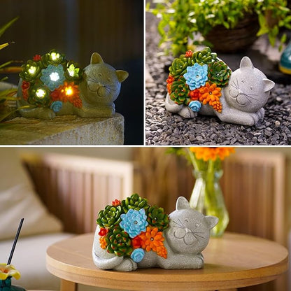 Qeeman Garden Solar Cat Statues: Outdoor Figurine Decor Ornaments for Patio Art Balcony Yard Lawn - Birthday Gifts for Mom Grandma Women