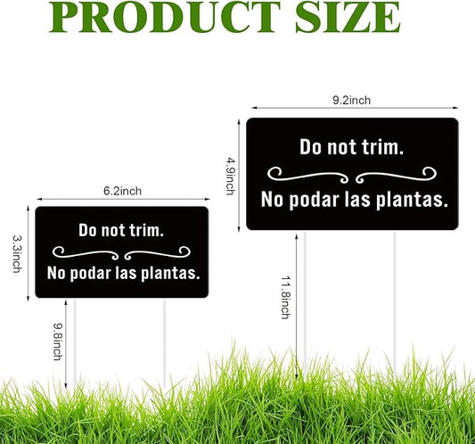 Soaoo 4 Pcs Corrugated Plastic Do Not Trim Yard Signs with Stakes 6.2 x 3.3 Inch 9.2 x 4.9 Inch Plant Signs Bilingual Garden Markers for Outdoor Lawn(Black,Classic)