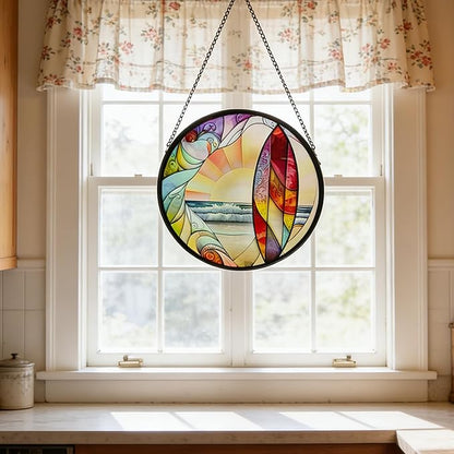 Coastal Sunrise Stained Glass Window Hanging - 9.8In Surf & Ocean Suncatcher, Beachy Home Decor for Windows, Porches & Living Rooms, Suncatcher Decor Gift for Women, Men