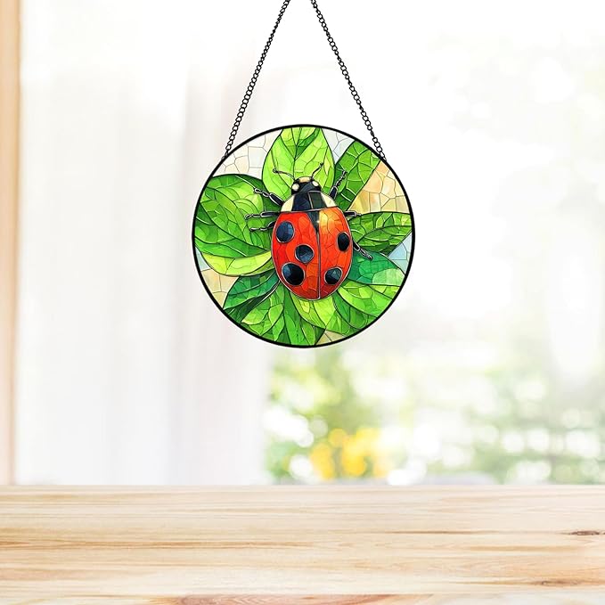 Ladybug Stained Glass Window Hanging, Colorful Ladybug Suncatchers for Windows, Ladybug Suncatcher Gift for Women, Mom, Grandma