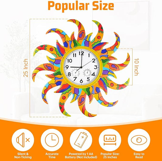 25-Inch Sun-Shaped Outdoor Clock and Thermometer Set, 10-Inch Dial, Battery Powered, Waterproof, Silent Quartz Movement (Colorful)