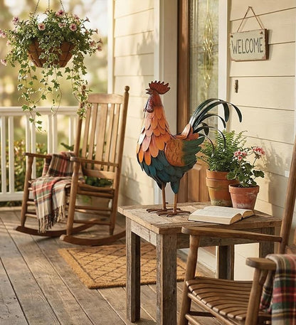 Regal Art & Gift Handcrafted Metal Rooster Statue, Weather-Resistant Farmhouse Yard Art, Indoor/Outdoor Garden Sculpture, Detailed Feather Design, Decorative Bird for Home & Garden, Golden, 16” Height