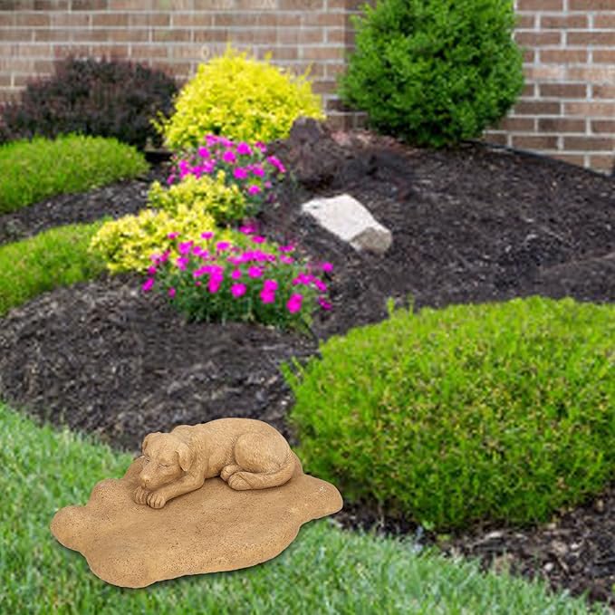 Hapivida Dog Garden Statue, 5.5in Mini Puppy Garden Memorial Stone Sleeping Dog Statue Decor Outdoor Resin Realistics Sculptures Gift Yellow