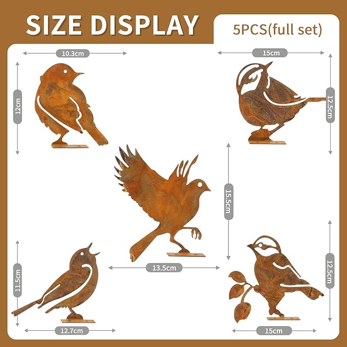 Geila 5PCS Rusty Birds Decoration, Fence Decorations Outdoor, Metal Birds Yard Decor Perfect Yard Art and Large Outdoor Ornaments (F)