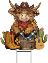 Amyhill Western Cowboy Highland Cow Outdoor Decor Cow Metal Garden Stakes Decorative Western Highland Calf Lovers Yard Signs with Stakes for Farmhouse Wild West Holiday Garden Lawn Decor