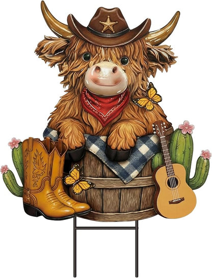 Amyhill Western Cowboy Highland Cow Outdoor Decor Cow Metal Garden Stakes Decorative Western Highland Calf Lovers Yard Signs with Stakes for Farmhouse Wild West Holiday Garden Lawn Decor