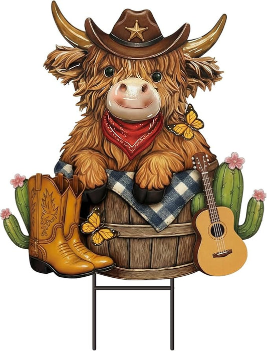 Amyhill Western Cowboy Highland Cow Outdoor Decor Cow Metal Garden Stakes Decorative Western Highland Calf Lovers Yard Signs with Stakes for Farmhouse Wild West Holiday Garden Lawn Decor