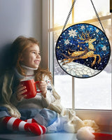 Stained Glass Window Hanging - Reindeer Blue Starry Sky Suncatcher for Doors Home Christmas Decoration Winter Sun Catcher Thanksgiving New Year Birthday Gifts for Women Men Mom Nana 11.8 in