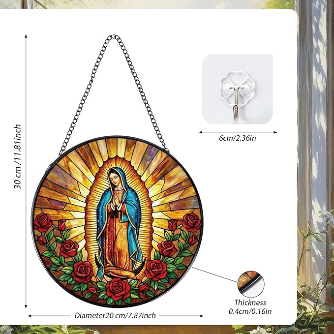 Rngmsi Virgen De Guadalupe Stained Glass Window Hanging, Christian Gifts Sun Catcher Housewarming, Decorative Suncatchers Religious Gifts for Wall Art Landscape Home Decor 8 Inch