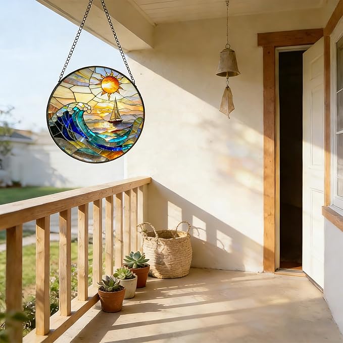 7.8 Inch Stained Glass Window Hanging, Sailboat & Sunset Waves Suncatcher, Blue and Orange Sky Diamond Glass Panel Landscape Decor for Women, Men, Wife, Aunt, and Mom