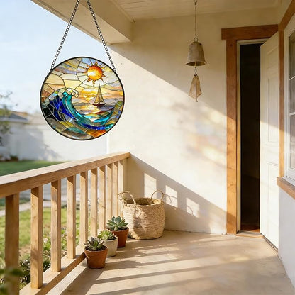 7.8 Inch Stained Glass Window Hanging, Sailboat & Sunset Waves Suncatcher, Blue and Orange Sky Diamond Glass Panel Landscape Decor for Women, Men, Wife, Aunt, and Mom