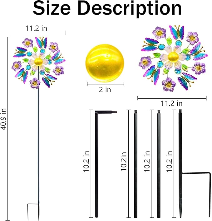 40" Solar Butterfly Wind Spinners Garden Stake, Solar Wind Sculpture Yard Art Decorations for Lawn,Patio&Yard & Garden Decor, Metal Whirligigs Wind Spinners Outdoor