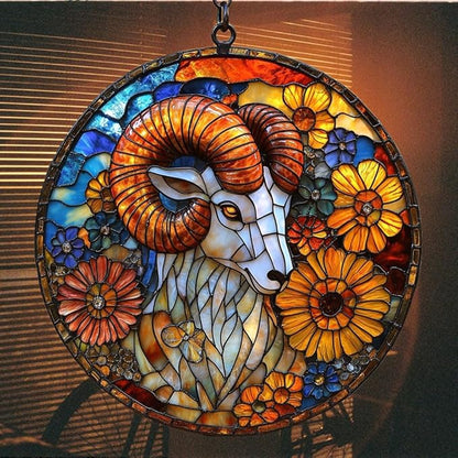 Vivid Ram Mosaic Floral Art Acrylic Suncatcher Stained Glass Effect Window Car Hanging Christmas Ornament Indoor Outdoor Decor Garden Sun Catcher Panel for Zodiac Lover for Women Mom Grandma