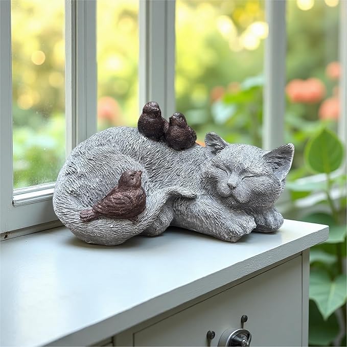Resin Sleeping Cat Memorial Statue with Birds – Indoor Outdoor Garden Figurine Decor for Patio, Yard & Home, Realistic Tribute Sculpture, Sympathy Gift for Pet Lovers (11.4×7.3×5.9 in)