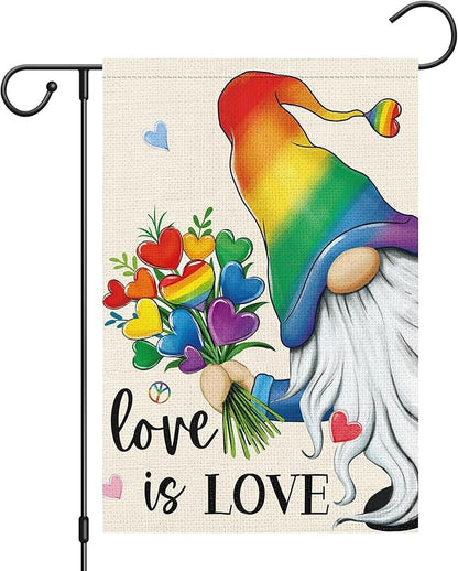 Heyfibro Rainbow Gnome Love is Love Pride Garden Flag 12x18 Double Sided Burlap, Pride Month Heart Bouquet Yard Sign for Gay Lesbian LGBTQ Outdoor Decoration (ONLY FLAG)