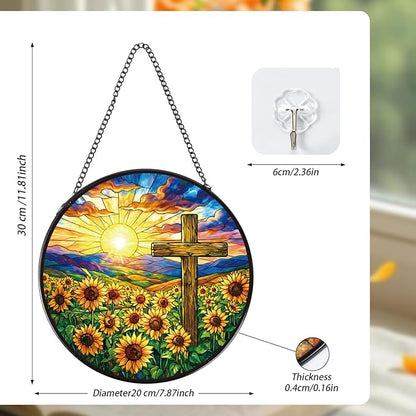 Rngmsi Stained Glass Window Hanging Cross, 8 Inch Sun Catcher Christian Cross and Sunflower Gift, Religious Easter Faith Christian Gifts for Wall Art Hanging Decorations
