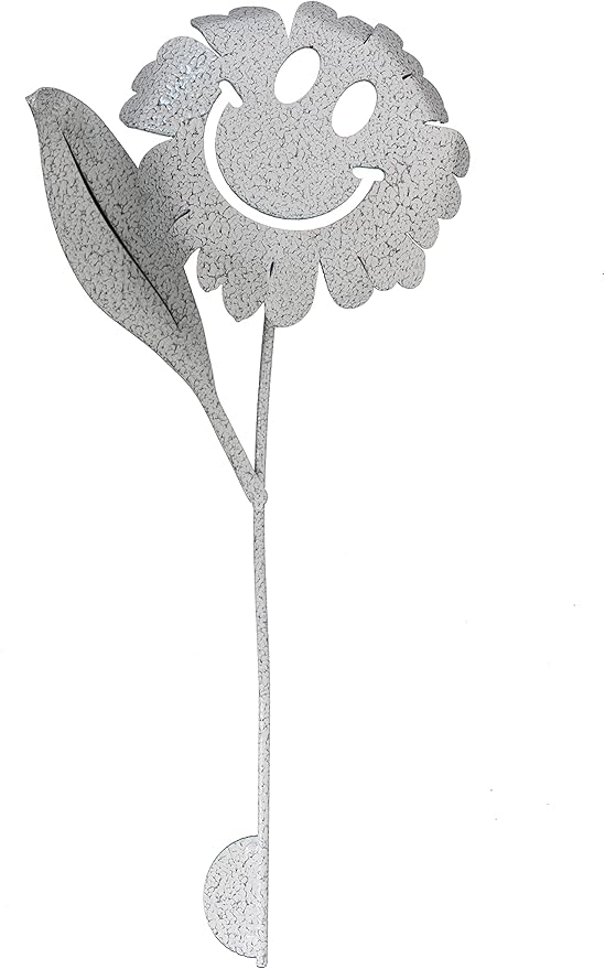 Metal Rustic and Colorful Flower Stakes Ranging from 9.5 to 36 Inches Tall (Waving Smiling Daisy 21" Tall, Hammered White & Gray)