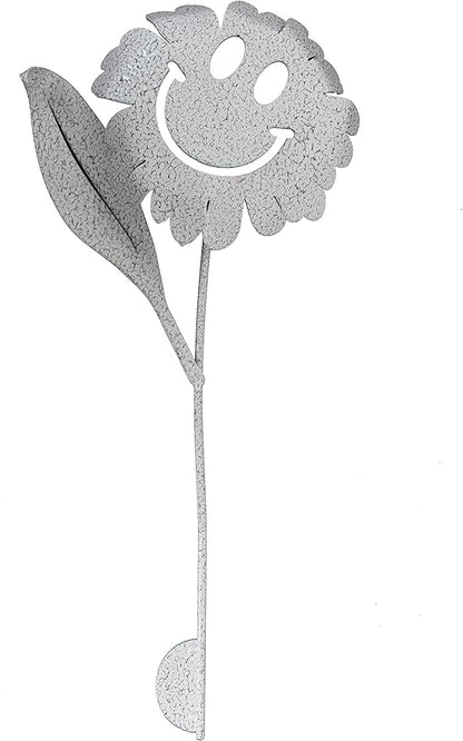 Metal Rustic and Colorful Flower Stakes Ranging from 9.5 to 36 Inches Tall (Waving Smiling Daisy 21" Tall, Hammered White & Gray)