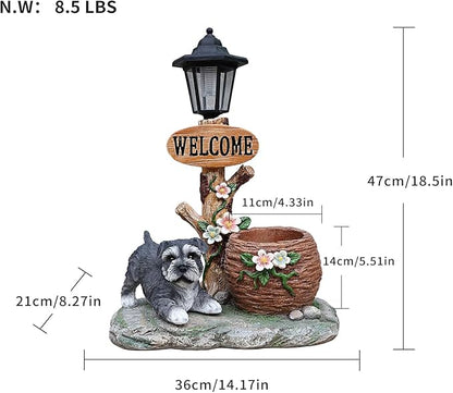 Solar Garden Statue with Planter & Solar Lantern, Outdoor Resin Animal Sculpture, Waterproof Yard Lawn Decor Pot for Succulents, Front Porch Ornament Housewarming Gift (Miniature Schnauzer)