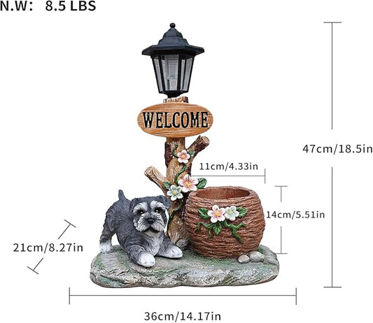 Solar Garden Statue with Planter & Solar Lantern, Outdoor Resin Animal Sculpture, Waterproof Yard Lawn Decor Pot for Succulents, Front Porch Ornament Housewarming Gift (Miniature Schnauzer)