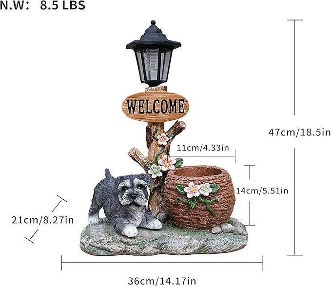 20" Solar Schnauzer Garden Statue with Welcome Sign & Planter - Large Dog Sculpture with LED Street Lantern - Weatherproof Resin Decorative Flower Pot for Porch, Yard & Patio - Pet Lover Gift