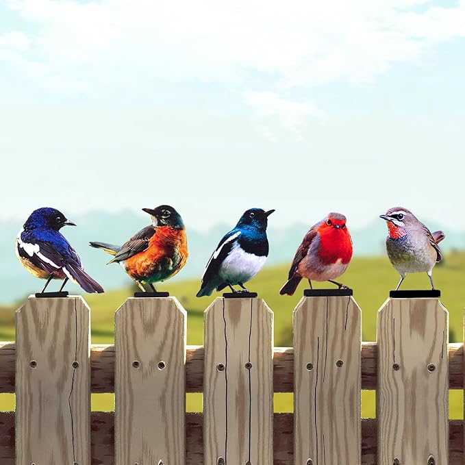 HUYIENO 5PCS Vivid Metal Birds Fence Decor 2D Color Painted Outdoor Garden Natural Bird Sculptures for Outdoor Fences, Patio, Garden and Bird Lovers