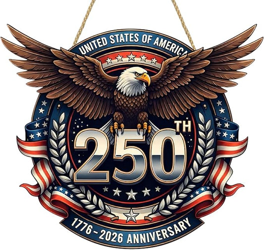 USA 250th Anniversary Double-Layer Wooden Sign Large Reusable USA 250th Bald Eagle American Flag Stars Stripes 1776-2026 250th Anniversary Rustic Wood Twine Hanging Door Wall Patriotic Decor 1 Pcs