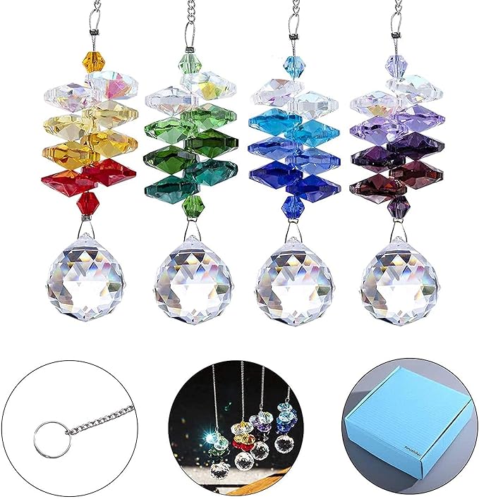 HDCRYSTALGIFTS 4PCS Crystal Hanging Sun Catchers for Window Indoor Rainbow Maker Suncatchers Crystals Ball Prism Chakra Octagon Bead Decor for Home Garden,10.5inch