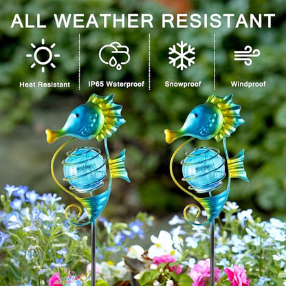 Solar Lights Outdoor 2 Pack, Metal Garden Decorative Stake Solar Lights Blue Seahorse Decor for Garden, Pathway, Lawn, Patio, Yard