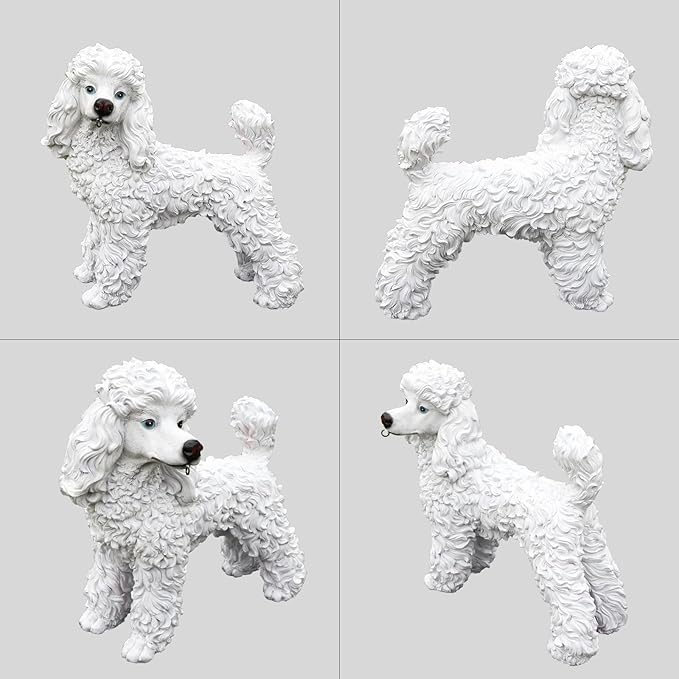 White Poodle Garden Statue with Solar Lantern & Double-Sided Welcome Sign, 14" Realistic Dog Sculpture, Waterproof Resin Poodle Figurine for Yard Lawn Patio Decor, Gift for Poodle Lovers
