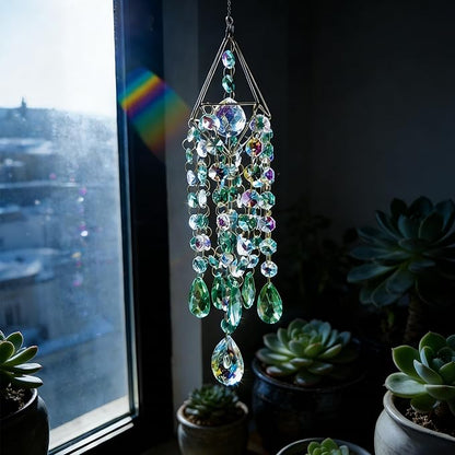 Green & Iridescent Crystal Suncatcher Prism, Handmade Gold-Plated Frame with K9 Crystal Beads, Window Hanging Decor for Home, Garden, Wedding