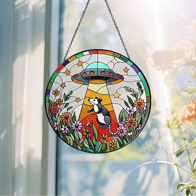 Opossum Wildflowers Sun Catcher Stained Glass Window Hanging for Women Funny Gifts for Window Hanging Handmade Sun Catcher Decoration for Garden Home, 7.87inch