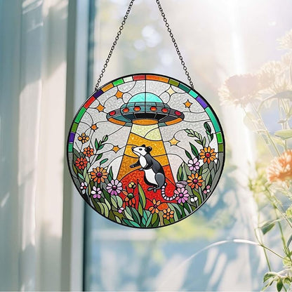Opossum Wildflowers Sun Catcher Stained Glass Window Hanging for Women Funny Gifts for Window Hanging Handmade Sun Catcher Decoration for Garden Home, 7.87inch