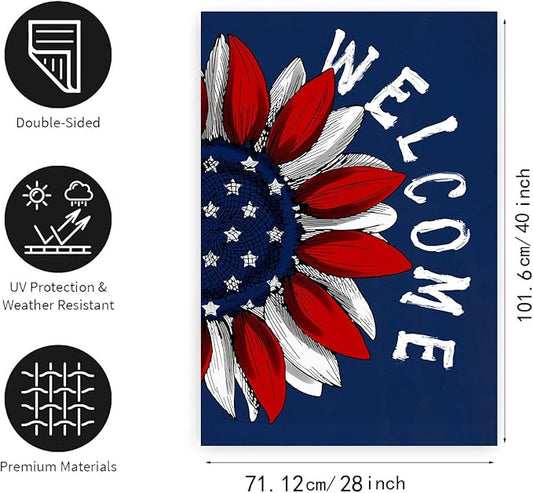 4th of July Sunflower House Flag Red White Blue Floral Garden Flags 28x40 Double Sided Large Memorial Independence Day Banner for Outside Outdoor Patriotic Decor