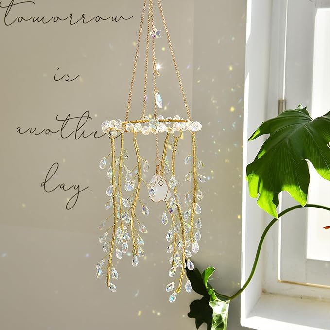 Crystal Hanging Suncatcher with Natural Stone, 16.9 Inch Decorative Wind Chime, Gold Chain & Branch Design (Aurora)