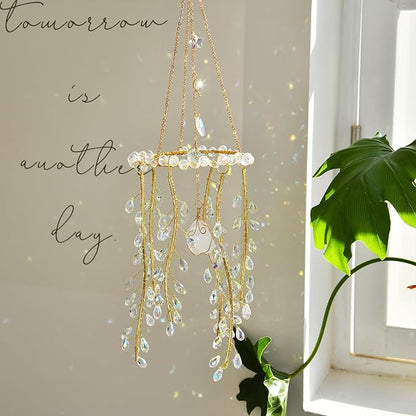 Crystal Hanging Suncatcher with Natural Stone, 16.9 Inch Decorative Wind Chime, Gold Chain & Branch Design (Aurora)