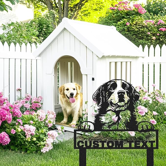 Personalized Metal St Bernard Dog Statue Garden Sign with Stakes, Custom Dog House Decor Sign Outdoor Garden Stake Plaque, Customized Decorative Yard Stake Art Backyard Decor Gardening Gift