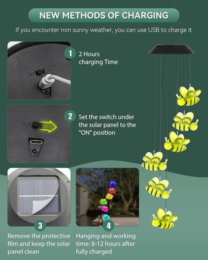 DOUBLEZHE Solar Wind Chimes for Outside, Color Changing Bee Wind Chimes Outdoor Clearance, Birthday Gifts for Mom Women Grandma Wife Girls, Unique Garden Decor Colorful Patio, Balcony Yard Decoration