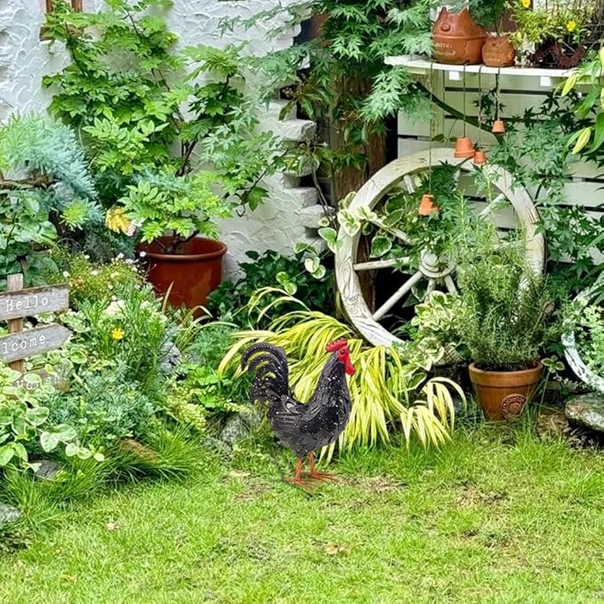 Metal Rooster Yard Decor,16 in Outdoor Chicken Statue Decoration for Patio Lawn Garden,3D Rooster Garden Statues,Chicken Yard Art Sculpture Outdoor Figurines,Metal Chicken Decor,1 Pcs (Black)