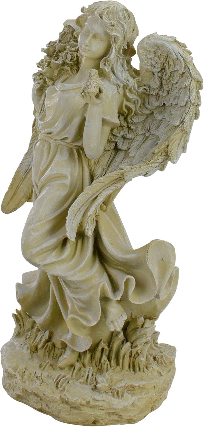 Northlight 18" Heavenly Gardens Distressed Almond Brown Angel with Bird and Bouquet Outdoor Patio Garden Statue