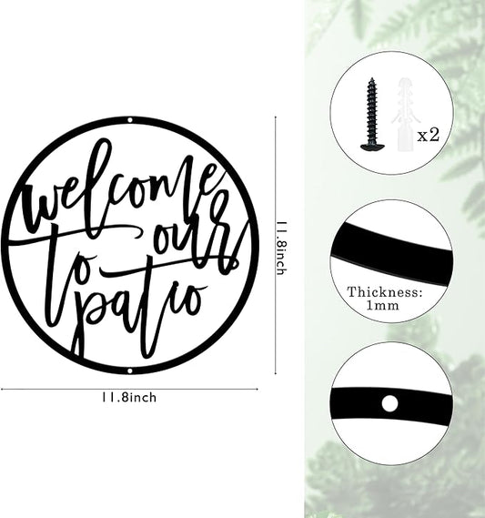 Welcome to Our Patio Metal Outdoor Sign Hanging Wall Art, Decorative Welcome Yard Sign for Patio Porch Deck Backyard, Black Metal Hanging Outdoor Wall Decor for Outside Bar and Garden