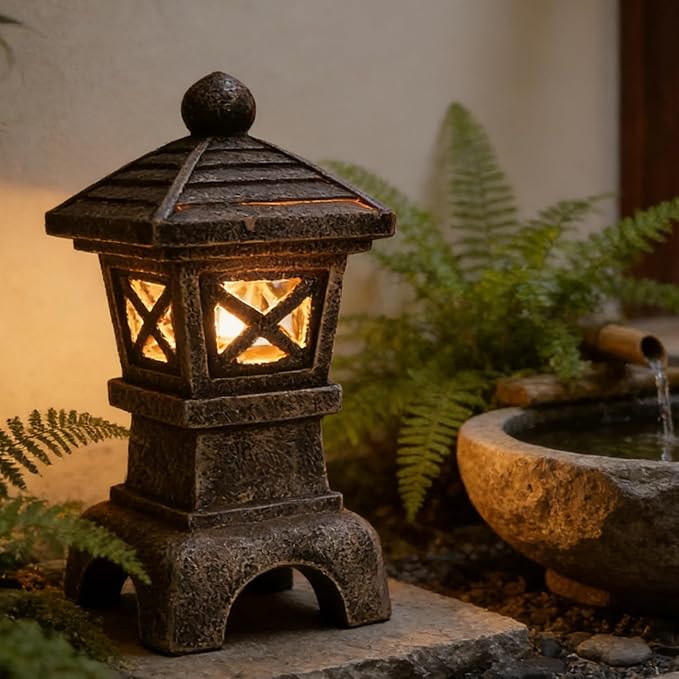 Solar Pagoda Garden Statue Outdoor Zen Japanese Stone Lantern Decor Asian Style Pagoda Lantern Light for Yard Decorations Patio Backyard Lawn Ornaments Home Landscape Art