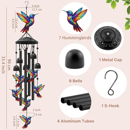Hummingbird Wind Chimes for Outside, Black Metal Windchimes Outdoors, Hummingbirds Gifts for Women/Men, Garden/Yard Decor, Memorial/Birthday Gifts for Grandma/Mom, Durable Chimes for Outdoors